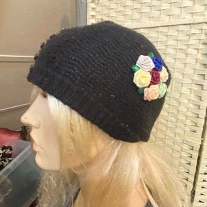 Beautiful, Black Knitted Beanie Hat with Handcrafted Floral Accent